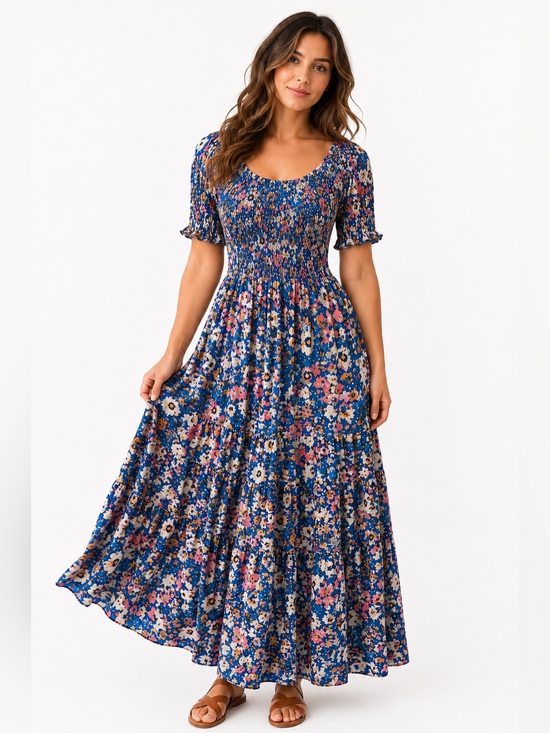 NATURAL LIFE Dresses & Skirts - Natural Life Blue Floral Smocked Maxi Dress Extra Small Small Rayon